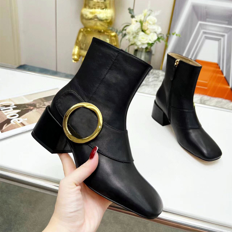 Designer Ladies High Heels Fashion Boots Autumn/Winter Leather Sexig Chunky Ankle Boots Square Head Buckle 6cm Size 35-44 Belt Box