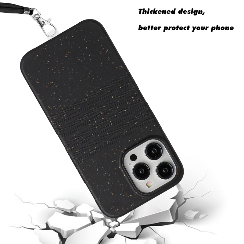 Fashion Wheat Straw Phone Cases For iPhone 14 Pro Max 13 12 Mini 11 Environmental Luxury Soft TPU Biodegradable Eco friendly Mobile Cover Neck Shoulder Straps Chain