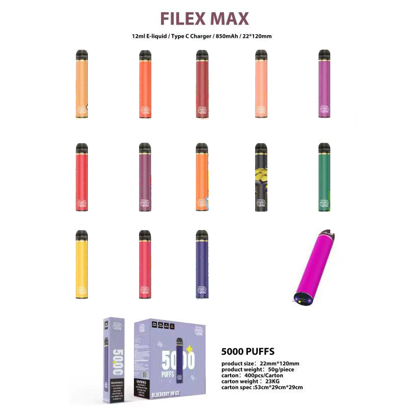 Original Filex Max 5000 Puff Disposable Vape Pen Pod E-cigarett Starter Kits laddningsbara 850mAh Batteri 12 ml 13 Flavoralternativ