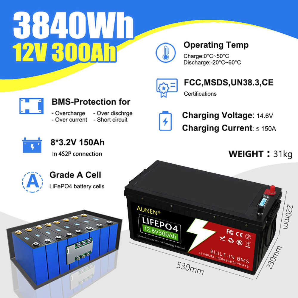 Aunen 12V Lithium -ionbatterij Fosfaat 12V100AH ​​12V200AH 12V300AH LIFEPO4 Batterij Pack Golfkar Elektrische vorkheftruck