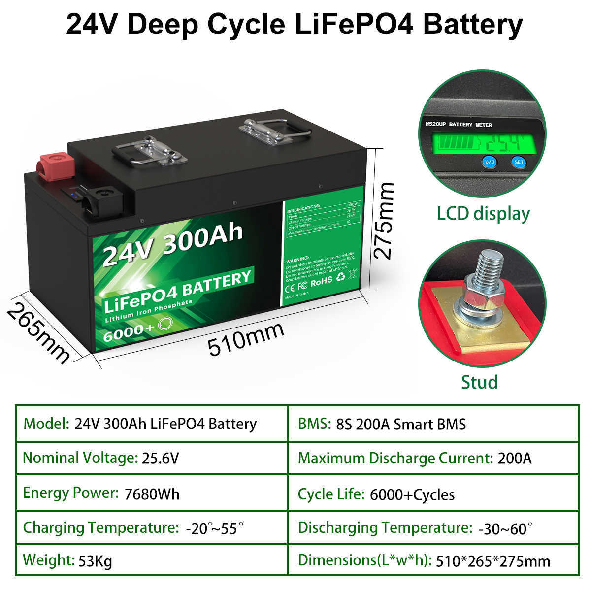 LifePo4 24V 300AH 200AH 100AH ​​Batterij Pack 25.6V 7680WH Grade A 6000+ Cycli RV Golfkar Boot Zonne -oplaadbare batterij Geen belasting