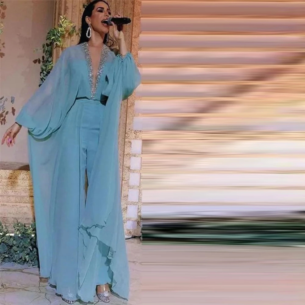 Stunning Sky Blue Chiffon Jumpsuit Evening Dresses 2023 Beading Collar Overskirt Outfit Prom Gown Dubai Arabic Aso Ebi Vestido De Novia Gala