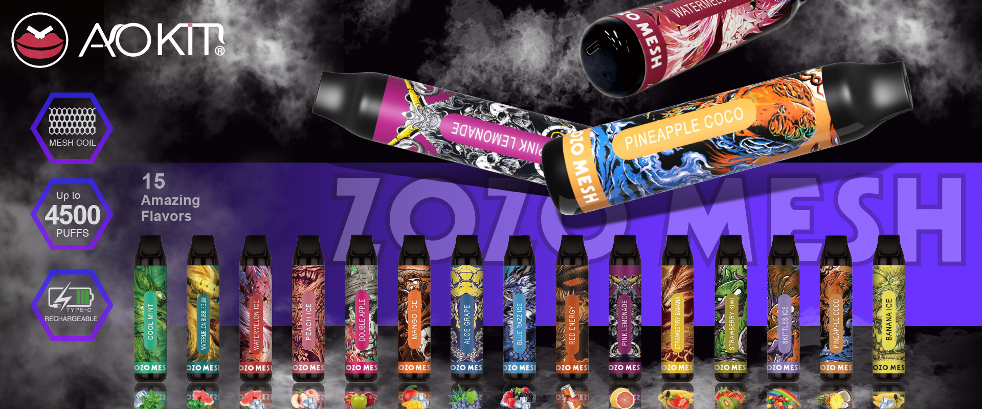 AOKIT ZOZO MESH BAR Disposable E-cigaretter Anordning 4500 Puffs 650mAh Uppladdningsbart batteri 10 ml Förspillad patron Portable Vape Stick 