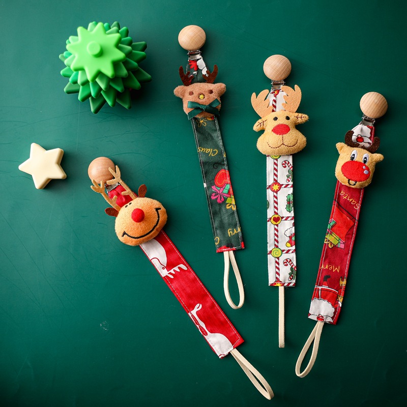 New Christmas Baby Pacifier Clip Chain Wood Elk Santa Presents Ribbon Teething Toy Chains Dummy Nipples Holder Clips Accessories