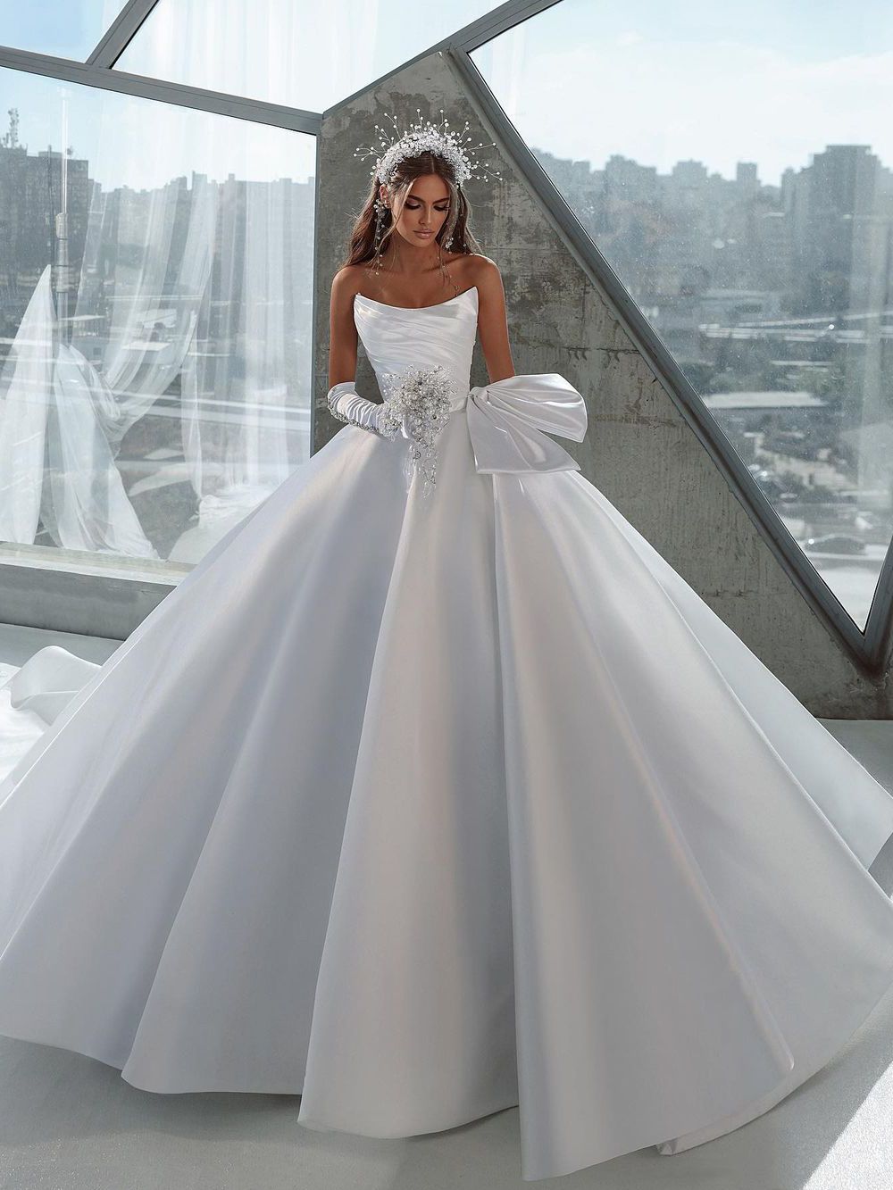 Simple White Bow Wedding Dress Ball Gown Custom Made Fashion Satin Floor Length Church Bridal Dresses