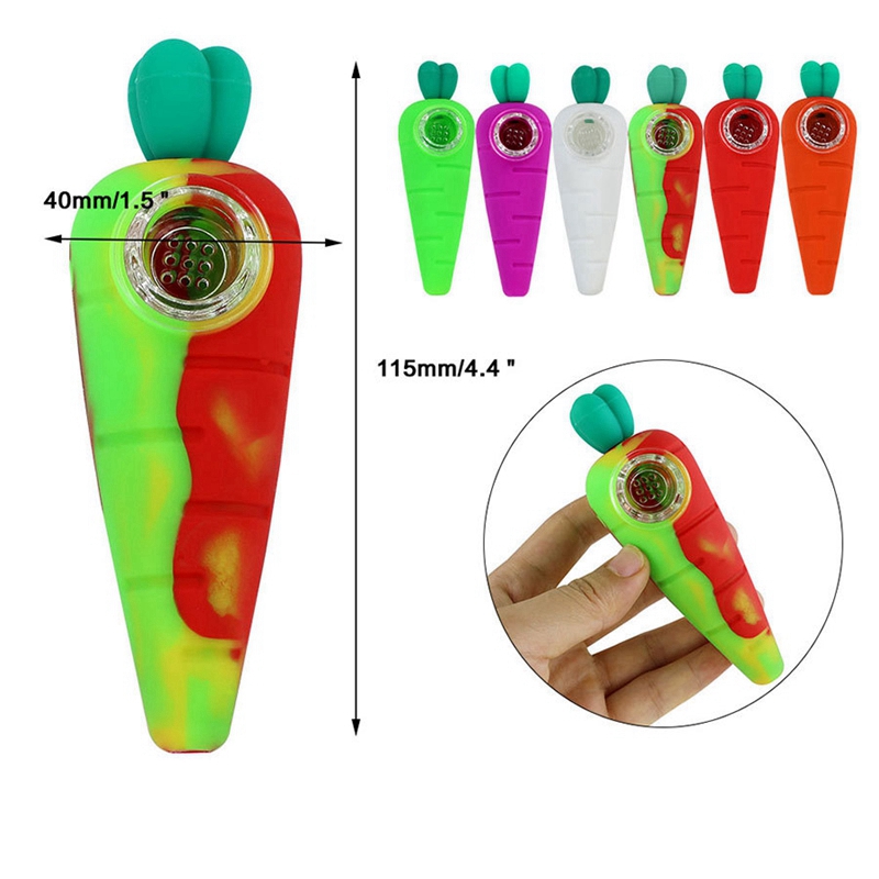 Derniers tuyaux de style radis de carotte en silicone coloré Tabac aux herbes sèches Bol de filtre en verre épais Pipes à main portables Porte-cigarette Fumer à la main