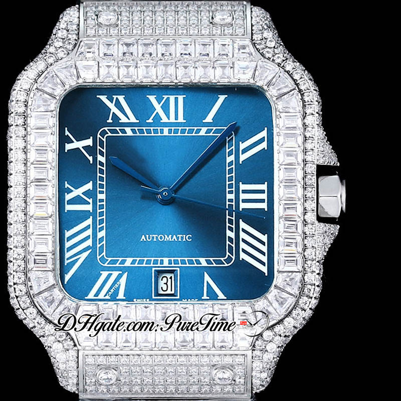 ZYF M8215 포장 된 다이아몬드 자동 남성 시계 시계 XL 40mm Miyota Blue Dial Black Roman Out Out Out Out Eargle Diamond Case 및 Bracelet Super Edition Puretime C3