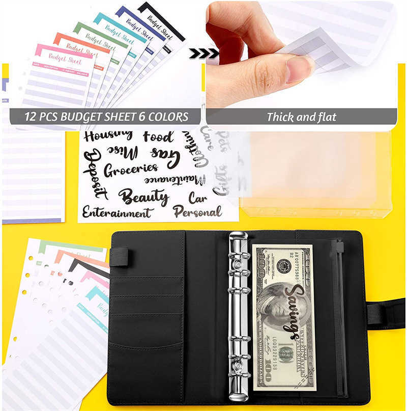 A6 Glitter Pu Leather Binder Budget Kuvert Planner Organiser System med tydliga blixtl￥s Kostnadsbudgetblad