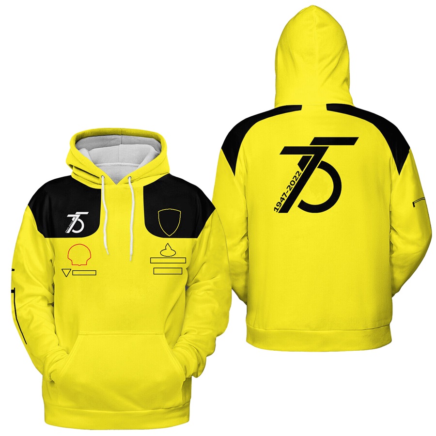 2023 F1 Sweat à capuche Formule 1 Team 75th Jaune Sweat à capuche zippé Course Printemps Automne Décontracté Sweat-Shirts Pour Hommes Vestes Manteau Chaud À La Mode