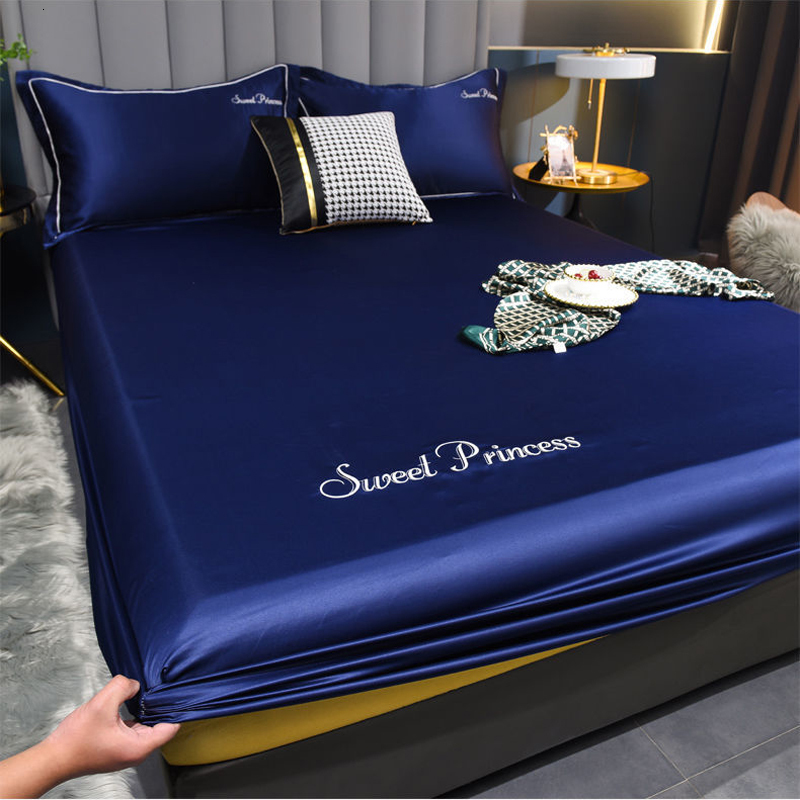 Mattress Pad WOSTAR Washable bedsheet elastic fitted mattress protector cover satin rayon embroidery luxury double bed 90 150 180 193u