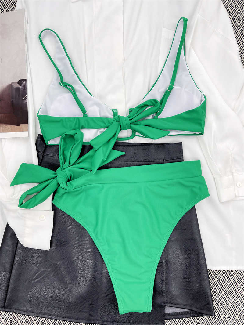 Bras conjuntos para praia 2022 verde u pescoço feminino maiô sexy cintura alta swimwear mulheres atadas enrugadas biquini bandage bikini conjunto t221206