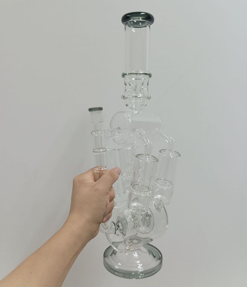 Yellow 18 Inch Glass Bong Hookahs Water Recycler Oil Dab Rig with Honeycomb Filters 14mm Female Smoking Pipes