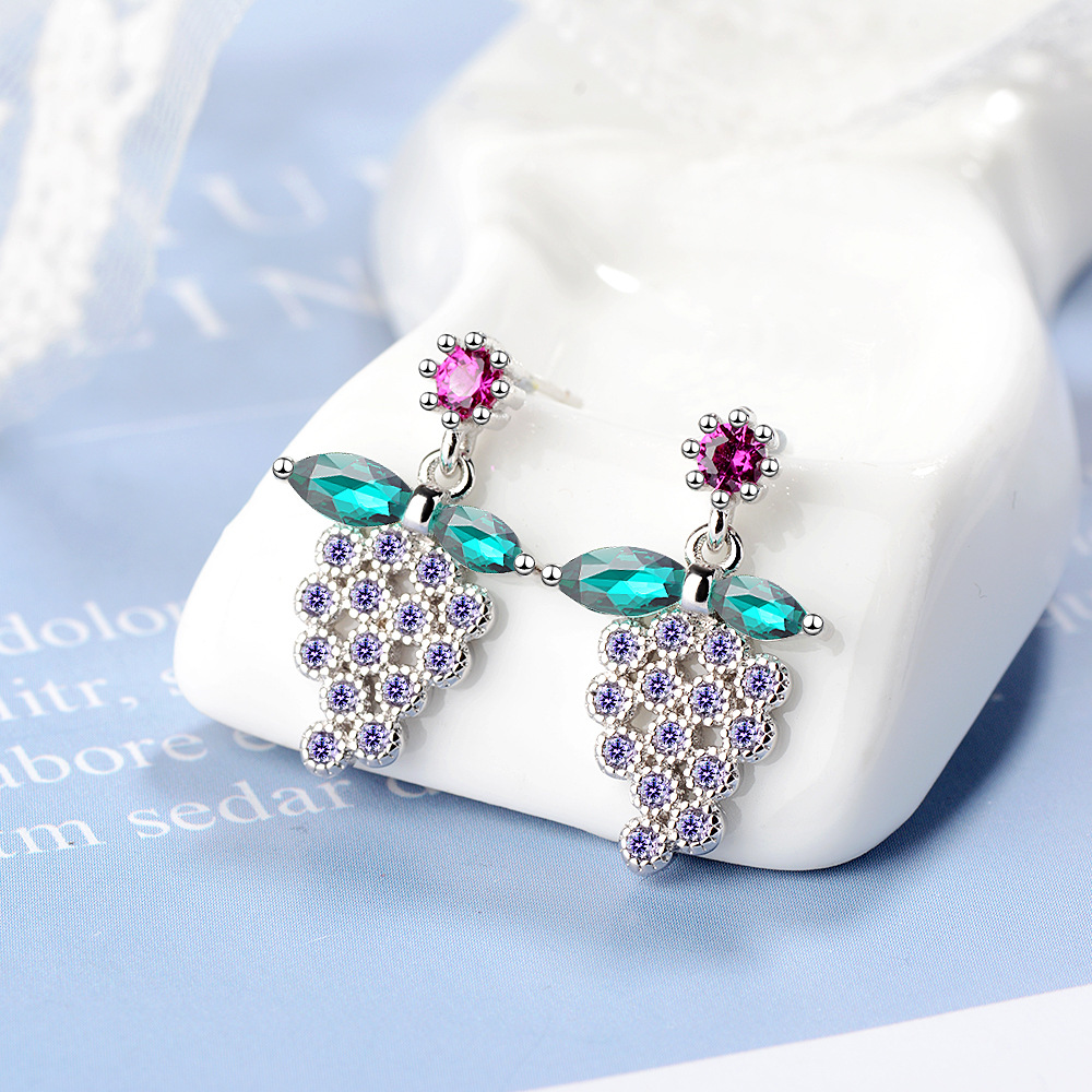 Girl cute Purple Grape zircon diamond Earrings Stud Students Sweet white gold plated Earrings Birthday Party Jewelry Valentine's Day new year Gift