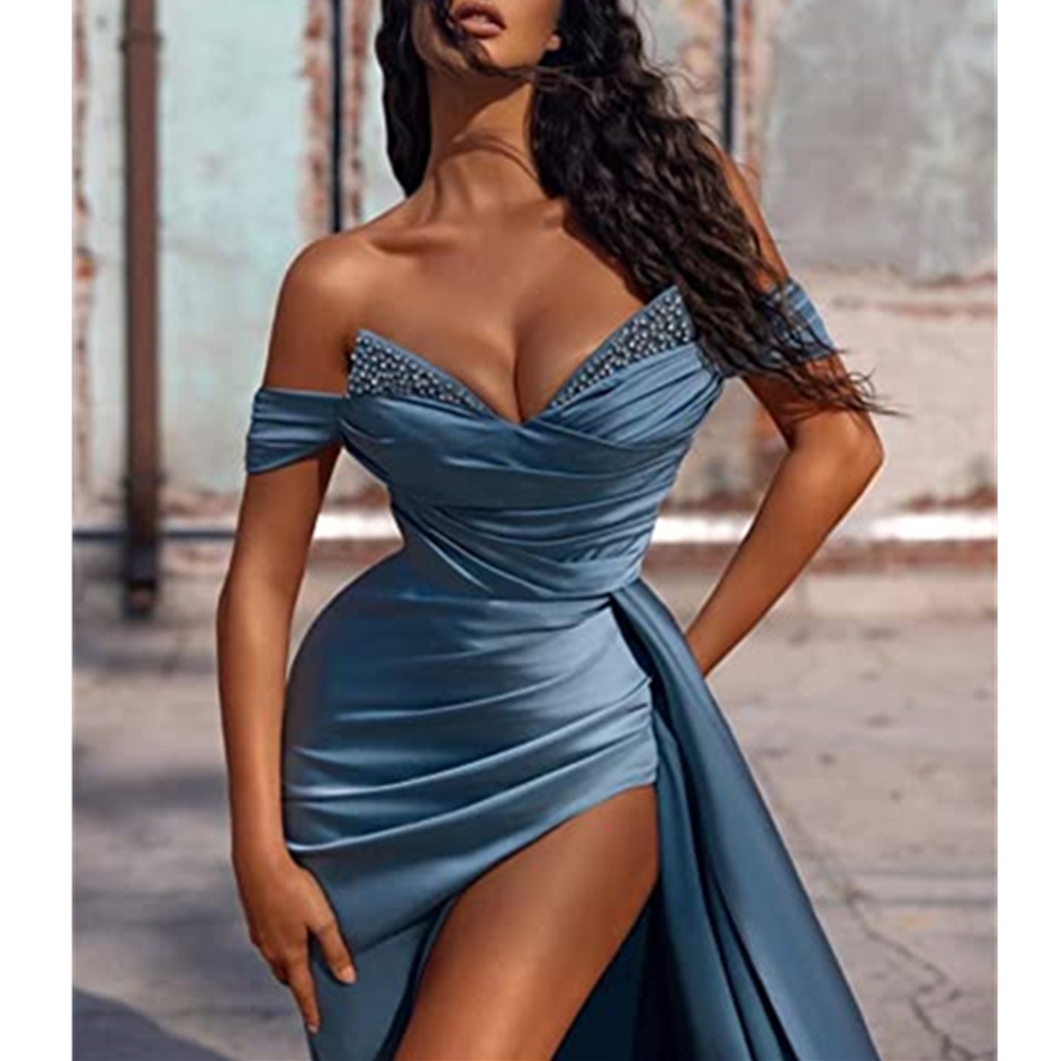 2023 Elegant Off The Shoulder Satin Mermaid Evening Dresses Beaded Ruched High Split Sweep Train Formal Party Arabic Prom Dresses