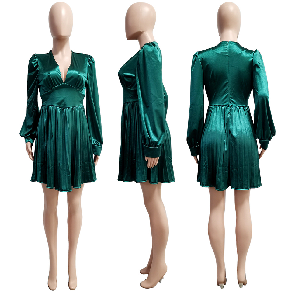 Kvinnor Satin Casual Dresses Puff Long Sleeve Sexy V Neck Ruffle Cleated A-Line Mini Dress Wedding Guest Party Dress