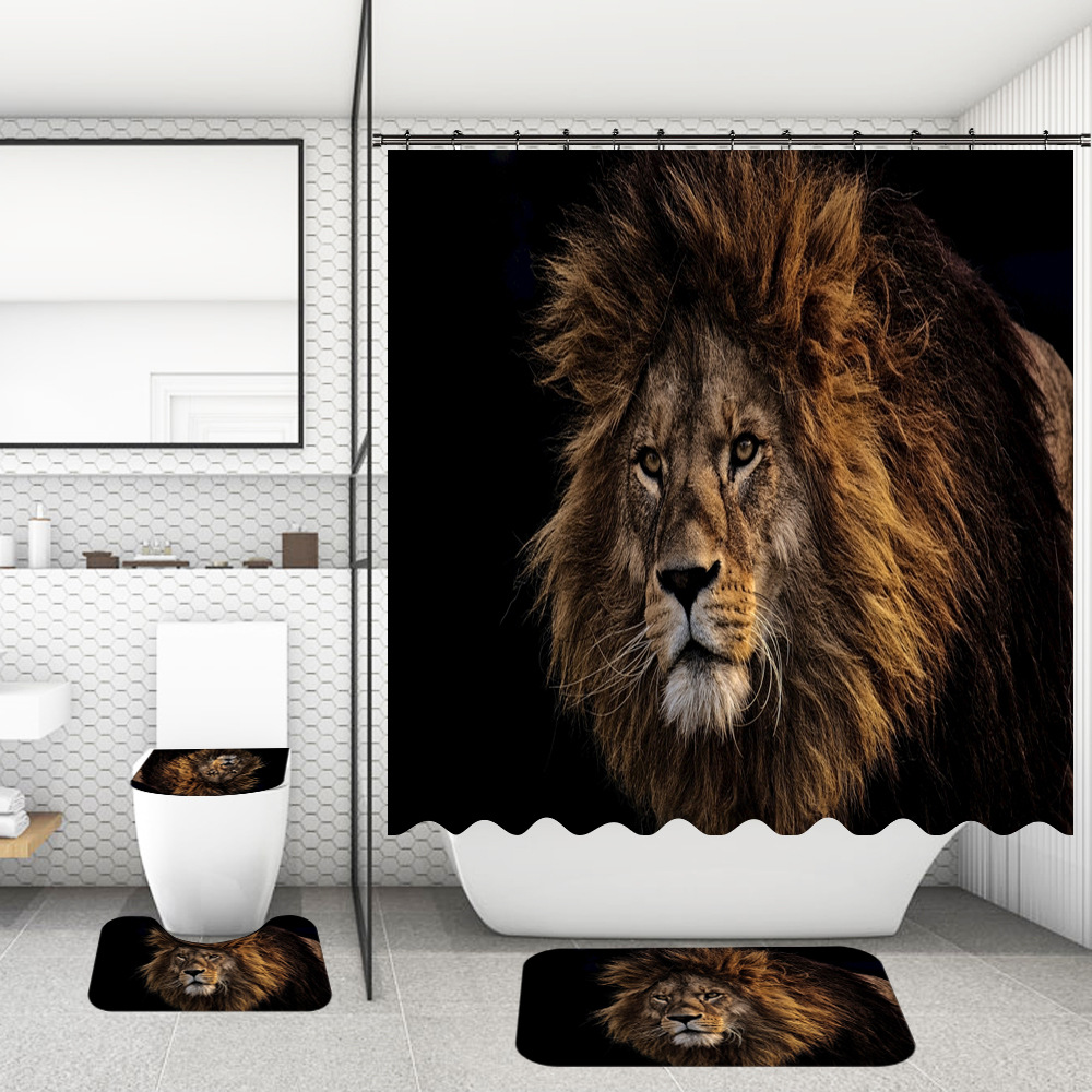 4 pièces/ensemble salle de bain rideau de douche tapis de toilette Lion éléphant Jaguar loup imprimé tapis de bain rideaux écran avec tapis antidérapant