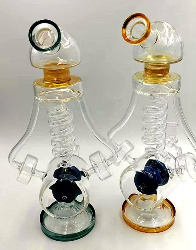 Bong en verre de 16 pouces, narguilé jaune, plate-forme Dab avec tube en spirale, tuyaux de fumée en verre épais avec joint femelle de 14mm