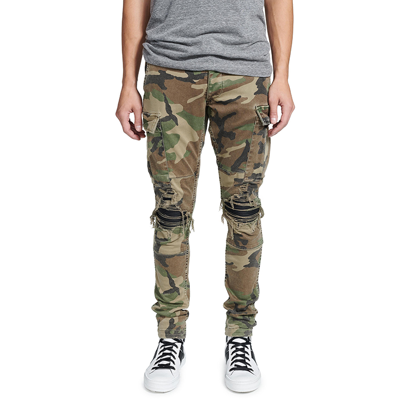 Jean homme camouflage imprimé patchwork militaire motard jean pour moto Slim fit droite armée vert poches cargo denim pantalon 261l