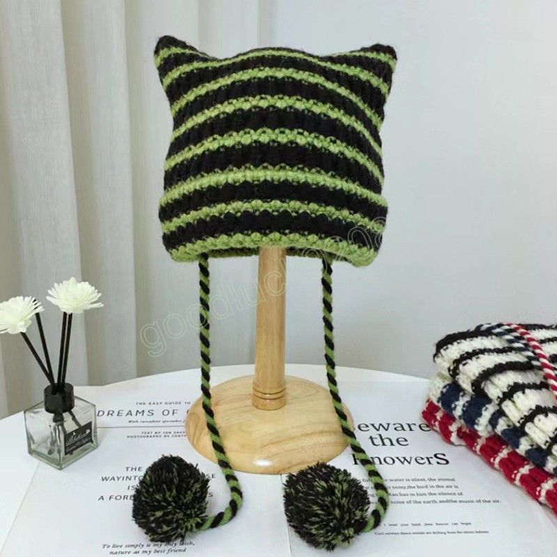 Japanische Harajuku Pompom Beanie Hut Kleiner Teufel Gestreifte Gestrickte Wolle Kappen Herbst Winter Nette Katze Ohren Frauen Mützen