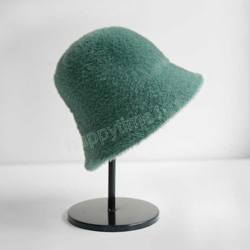 Female Imitation Mink Fur Bucket Hats Thick Warm Winter Solid Color Women Knitted Hats Foldable Brim Fisherman Cap