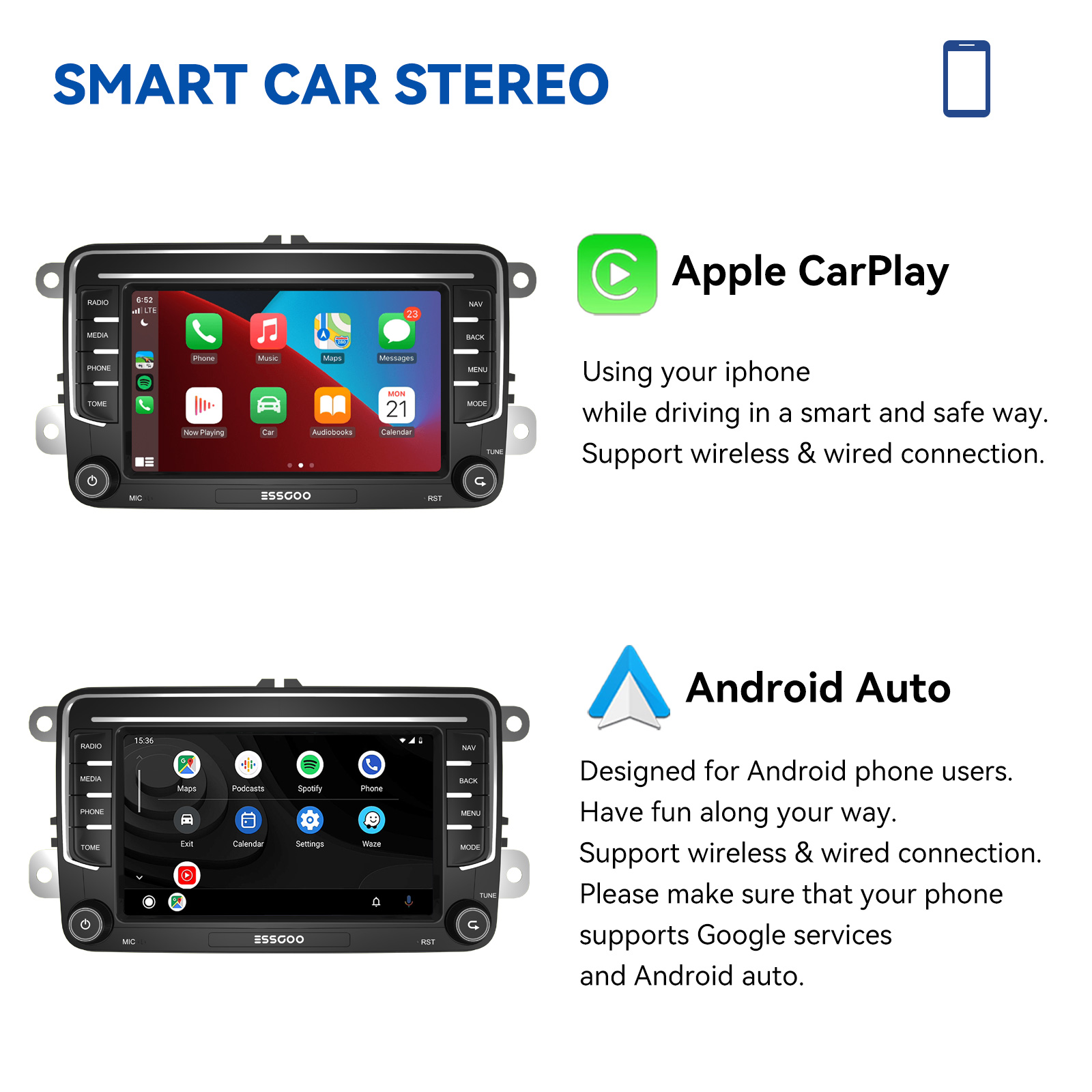 7 pollici Autoradio Android 2 Din CarPlay AM RDS DSP Stereo Lettore Multimediale Volkswagen Passat B6 Golf Polo Skoda Seat