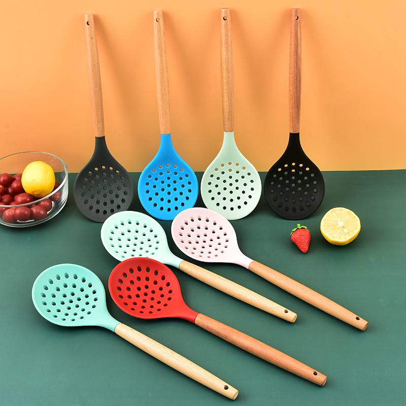 Passoire de cuisson en Silicone, antiadhésive, résistante à la chaleur, manche en bois, cuillère, écumoire, outil de cuisine LX5322