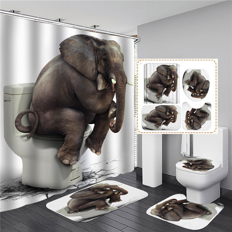 4 pièces/ensemble salle de bain rideau de douche tapis de toilette Lion éléphant Jaguar loup imprimé tapis de bain rideaux écran avec tapis antidérapant