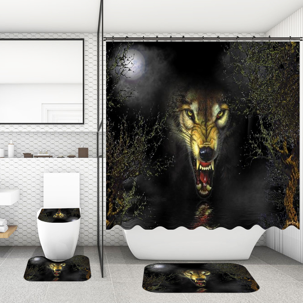 4 pièces/ensemble salle de bain rideau de douche tapis de toilette Lion éléphant Jaguar loup imprimé tapis de bain rideaux écran avec tapis antidérapant