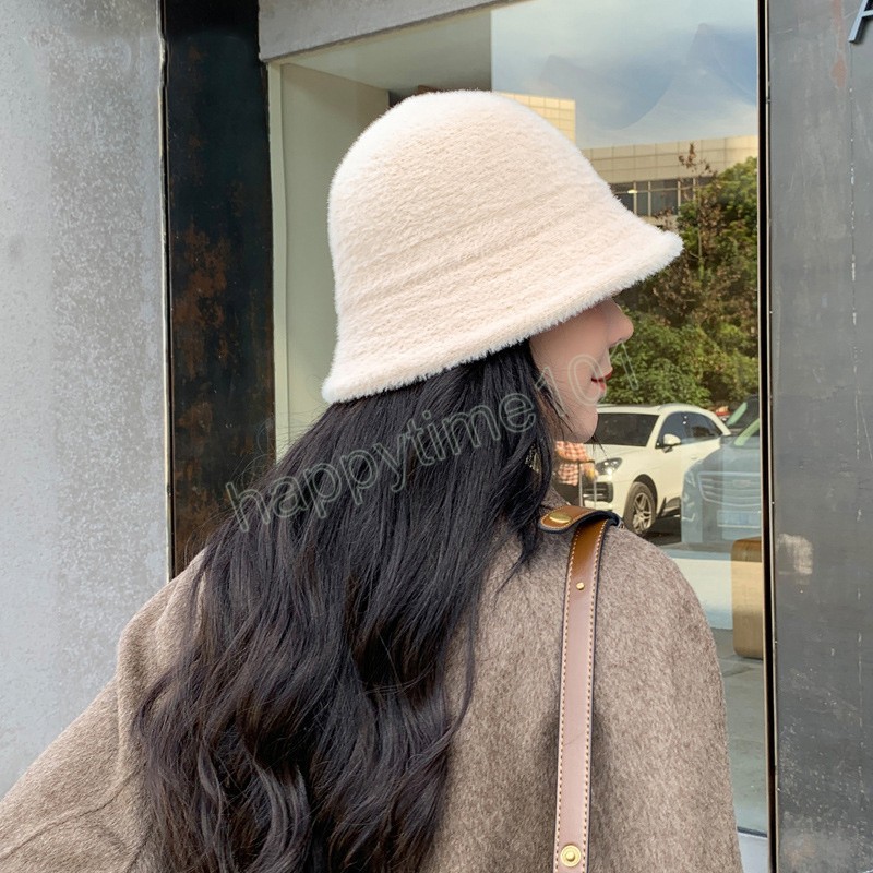 Female Imitation Mink Fur Bucket Hats Thick Warm Winter Solid Color Women Knitted Hats Foldable Brim Fisherman Cap