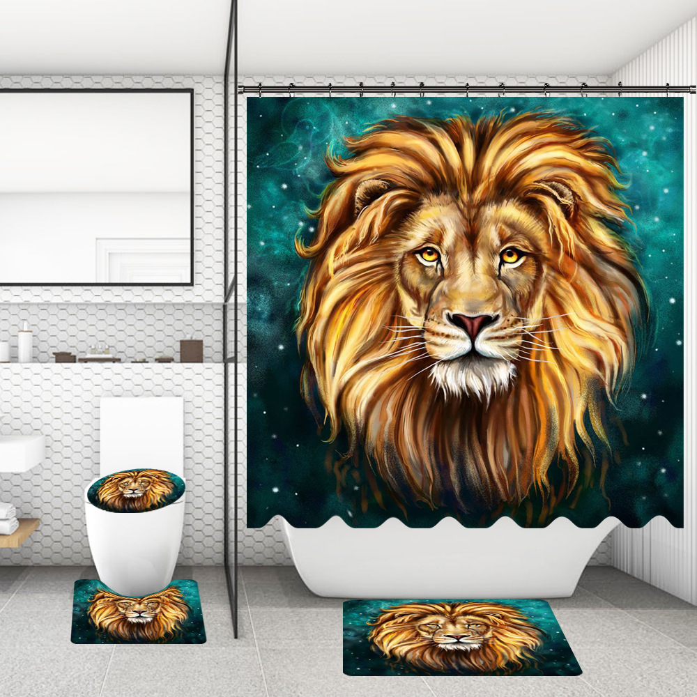 4 UnidsCortina de Ducha de Baño Alfombra de Inodoro León Elefante Jaguar Lobo Impreso Alfombras de Baño Cortinas Pantalla con Alfombra Antideslizante Alfombras de Franela