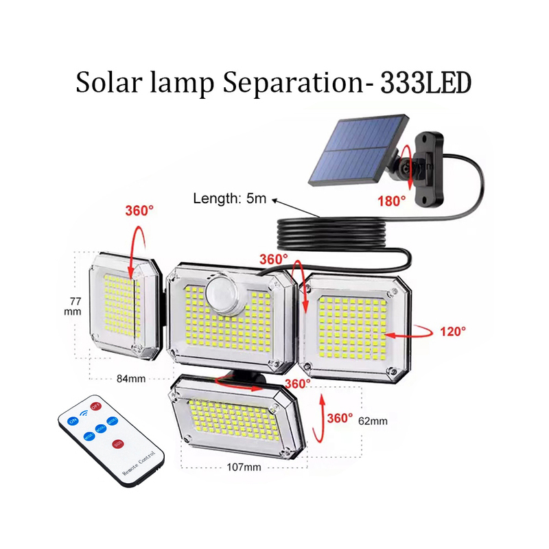 333 LED-Solar-Wandleuchten für den Außenbereich, Bewegungsmelder, 3 Modi, separater verstellbarer Kopf, IP65, wasserdicht, mit Fernbedienung