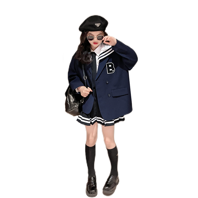 2023春の女の子の服セットキッズネイビーラペルシャツスーツのアウトウェアプリーツスカート3PCSプレッピースタイルの子供服5-16T A9456