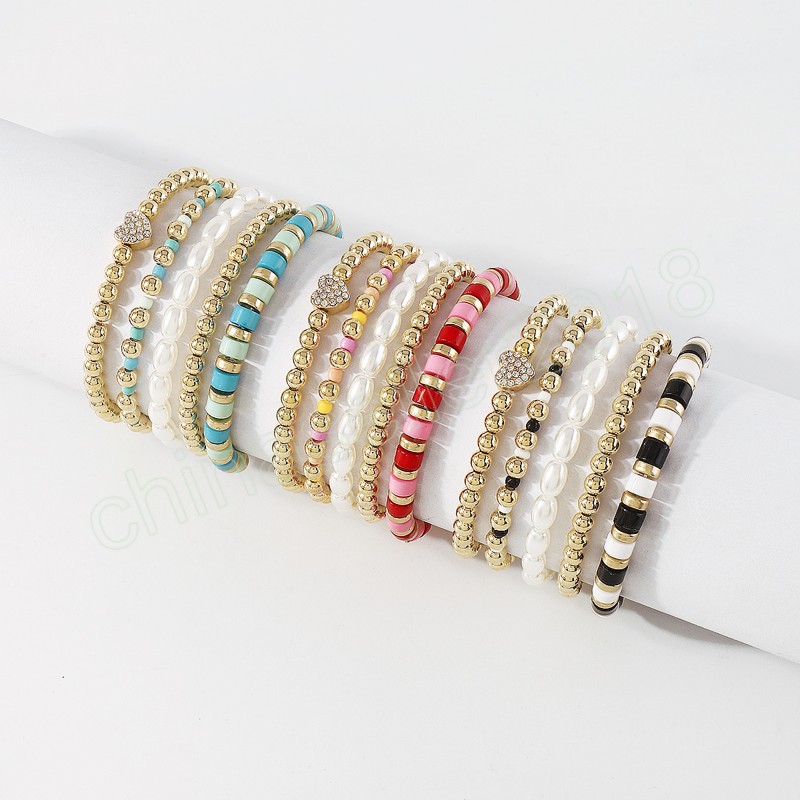 3 datorer Bohemian Crystal Heart Simulated Pearl Armband Set for Women Fashion Novelty Colorful Beads Bangle Gift Jewelry