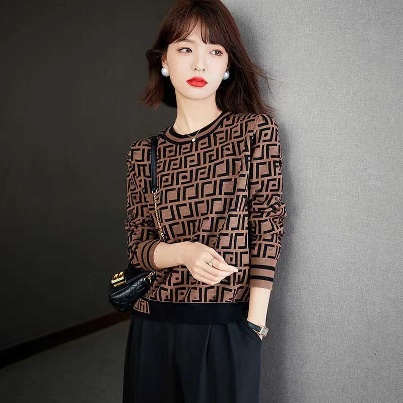 Suéteres femininos designer outono nova moda versátil temperamento em torno do pescoço magro clássico xadrez manga longa camiseta topo feminino ed9v