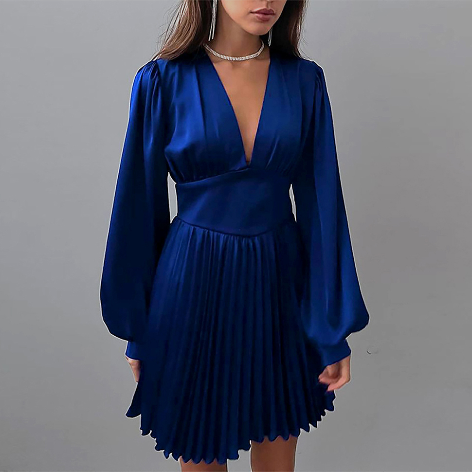 Kvinnor Satin Casual Dresses Puff Long Sleeve Sexy V Neck Ruffle Cleated A-Line Mini Dress Wedding Guest Party Dress