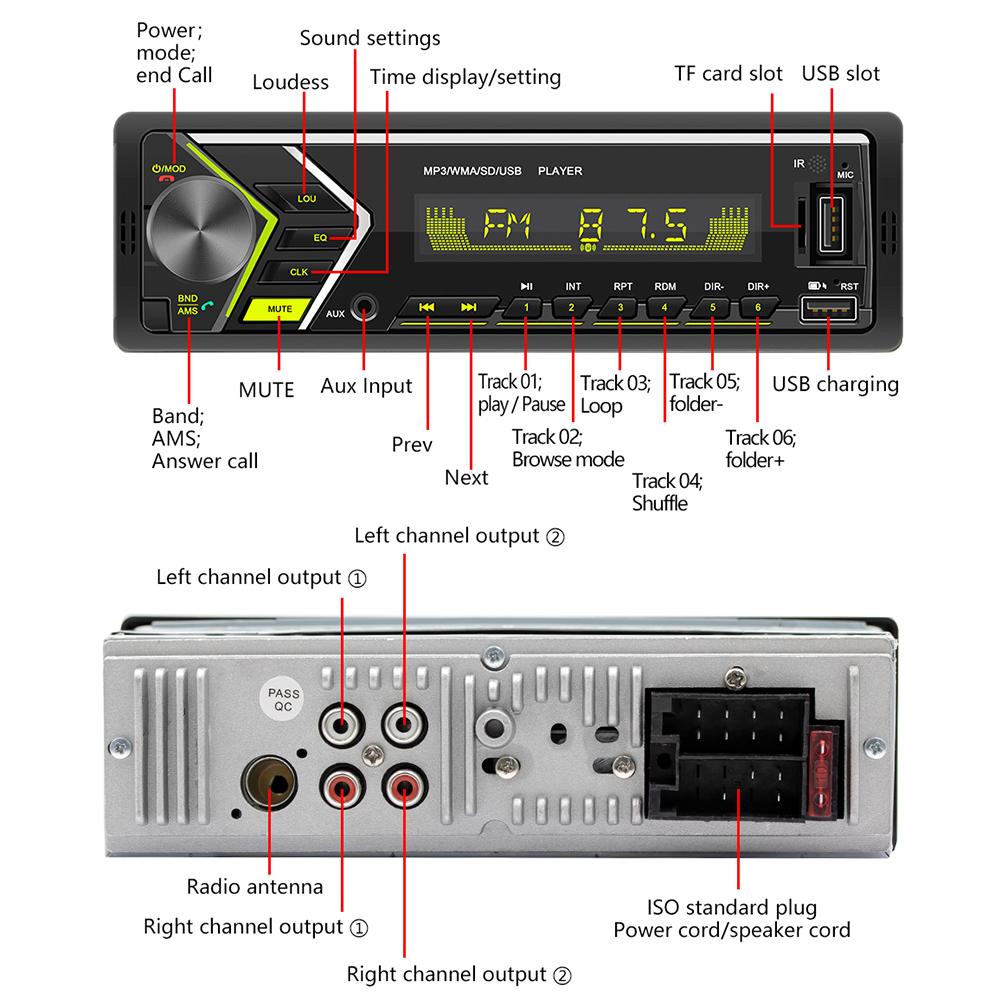 Auto-Bluetooth-Stereo-MP3-Player, Einzel-Din-Freisprecheinrichtung, USB/Aux-Eingang/FM-Radioempfänger mit bunten Lichtern, 12 V