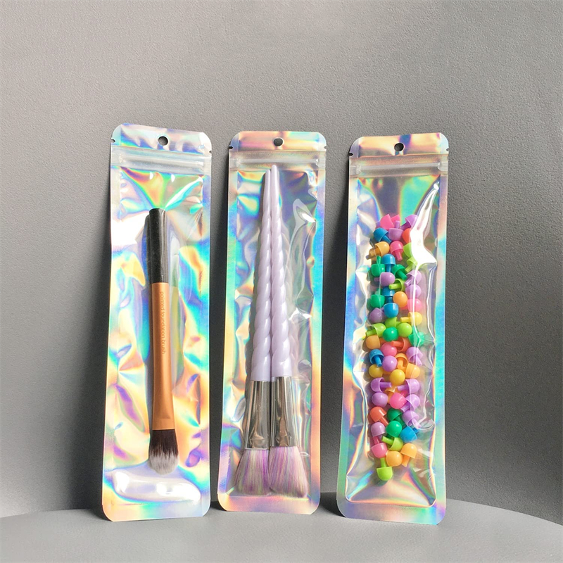 Packaging Bags Small Business-2.4x9 inch Resealable Holographic Pen Bags for Packaging Lipgloss Jewelry Cosmetic Sample Bag