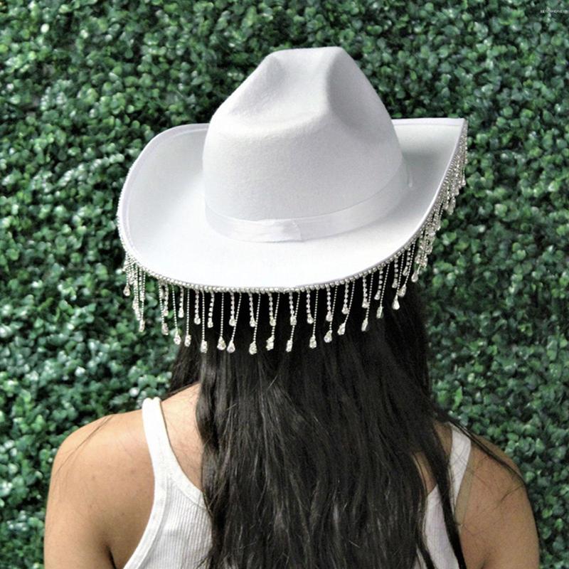 Berets Women's Bridal Party Cowboy Hat Wide Rzem Rhinestone Tassel Western Lagp Cap Club White Diamond Topper281k