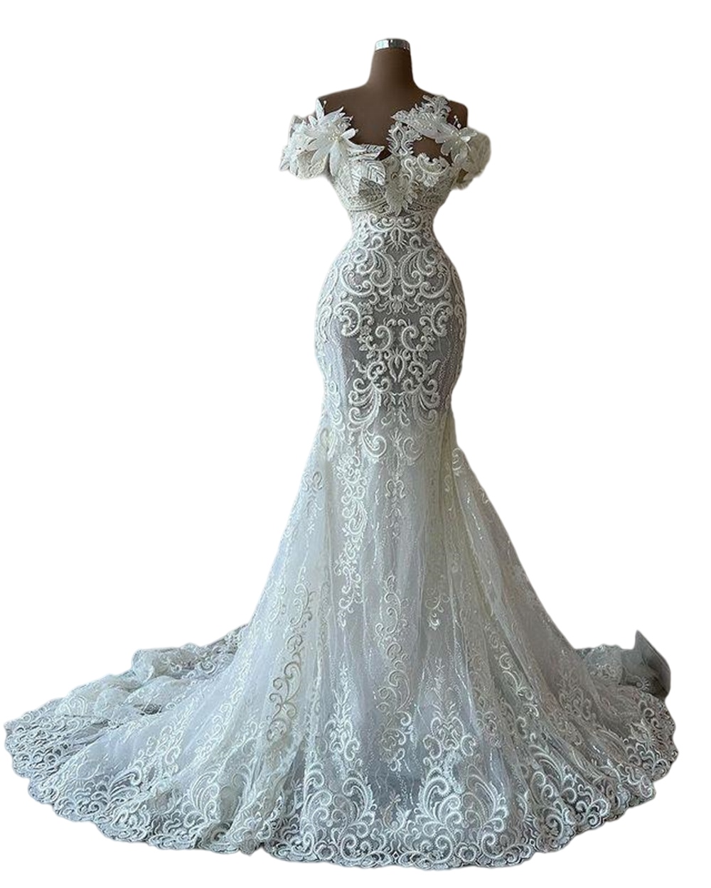 Mermaid Beach Wedding Dresses Sexy Bridal Gowns 3D Flower Pearls Lace Appliqued Sheer Neck Custom Made Vestido De Novia