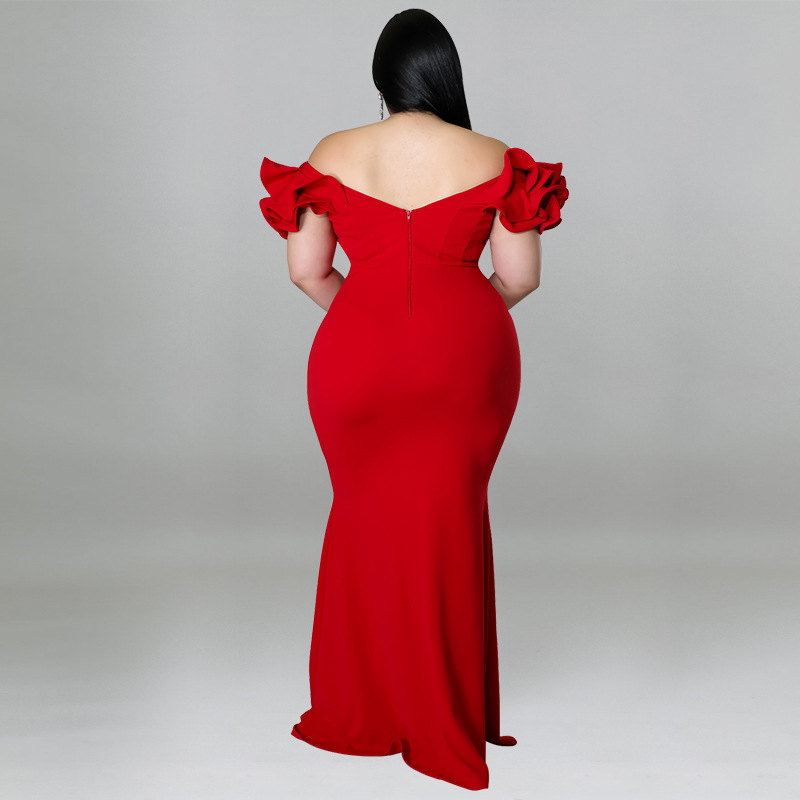 Femmes grande taille robes Sexy à volants sans manches élégant col en V dos nu soirée formelle Maxi robe