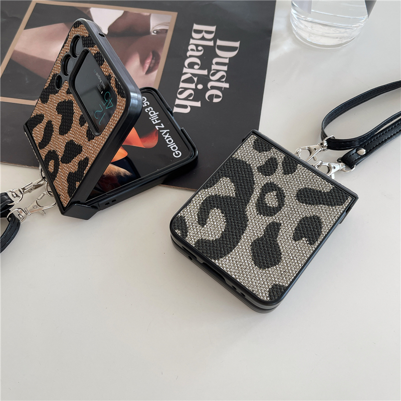 Fundas de teléfono con estampado de leopardo y collar plegable para Samsung Galaxy Z Flip3 Flip4 5G, cordón ajustable, carcasa protectora de cuero Vintage Vogue a prueba de golpes