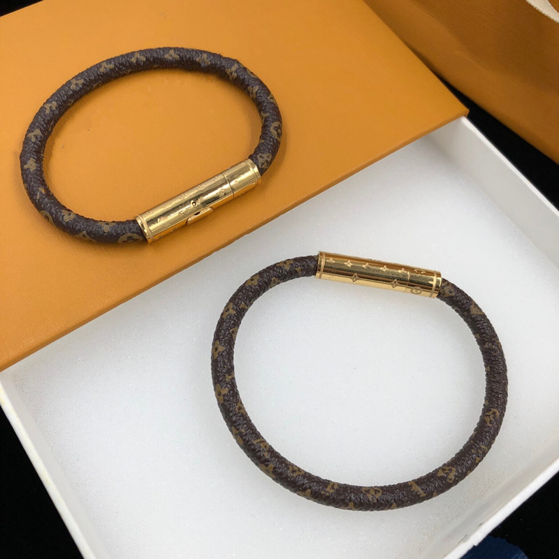 Met DOOS Vrouwen Mannen Lederen Armbanden Bruin Oude Bloem Brief Lover's Charm Armband Bangle Goud Kleur Sieraden Accessoires 17/19CM Optie
