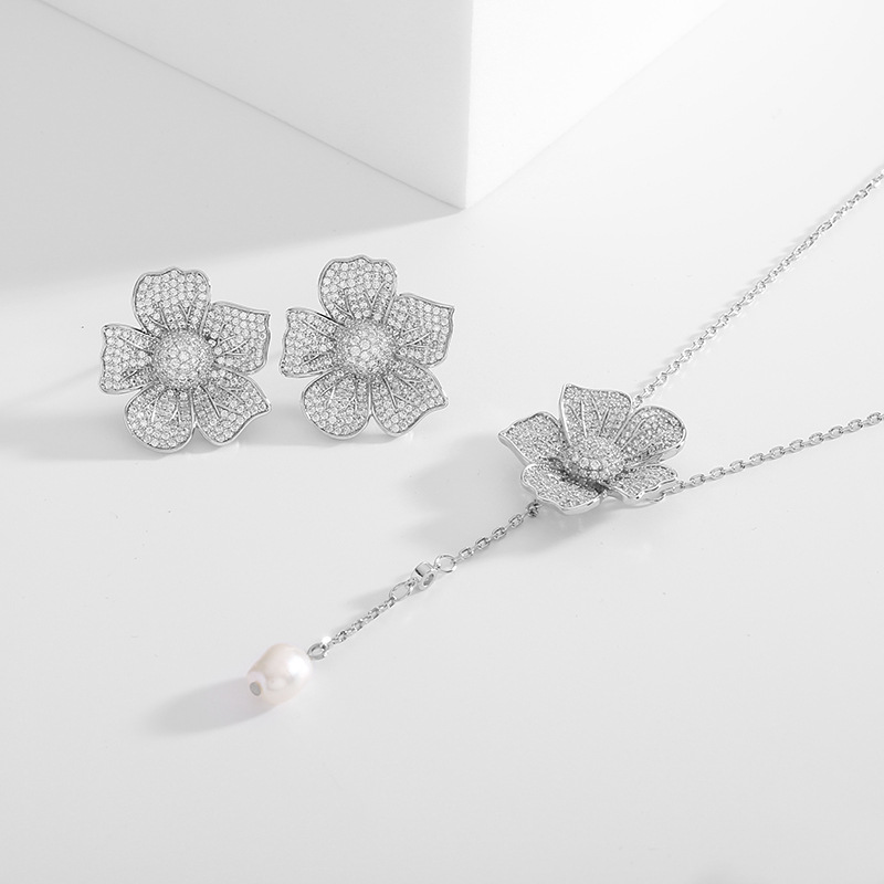 Luxury Bridal Diamond Flower Earrings Necklace Jewelry Sets For Wedding Zirconia Ear Rings Wholesale Price Fashion Jewelry French Style Tassel Jewellry set Female