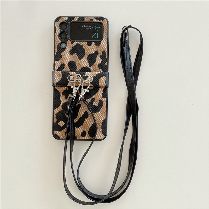 Fundas de teléfono con estampado de leopardo y collar plegable para Samsung Galaxy Z Flip3 Flip4 5G, cordón ajustable, carcasa protectora de cuero Vintage Vogue a prueba de golpes