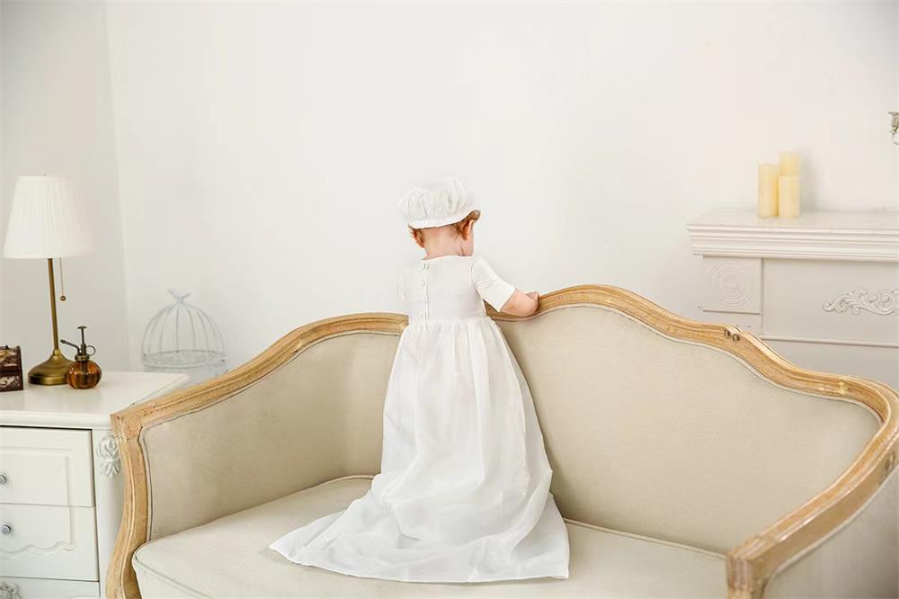 First Communion Robes plus longue longueur Baptême européen robe garçon bébé one-pièce avec chapeau blanc MQ6113