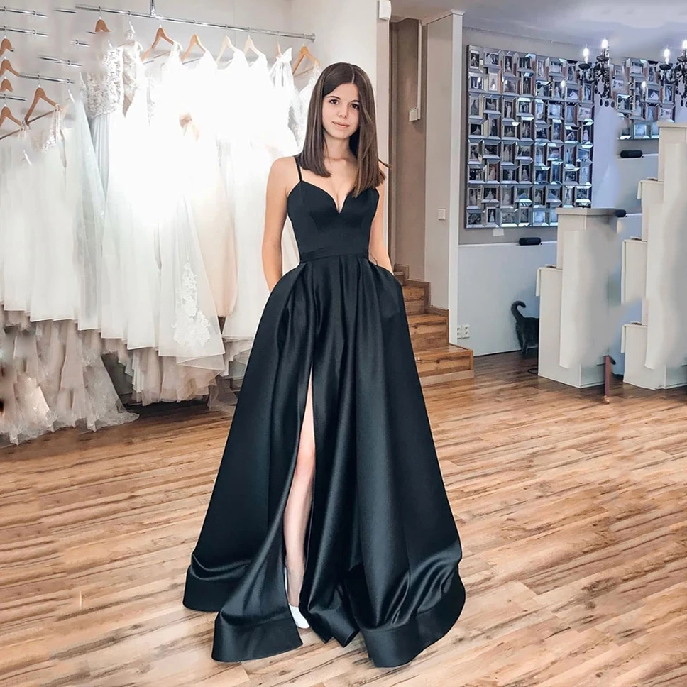 Elegant Black Long Formal Evening Dresses Long Vestidos De Fiesta A-Line 2023 High Slit Satin Simple Prom Party Gowns