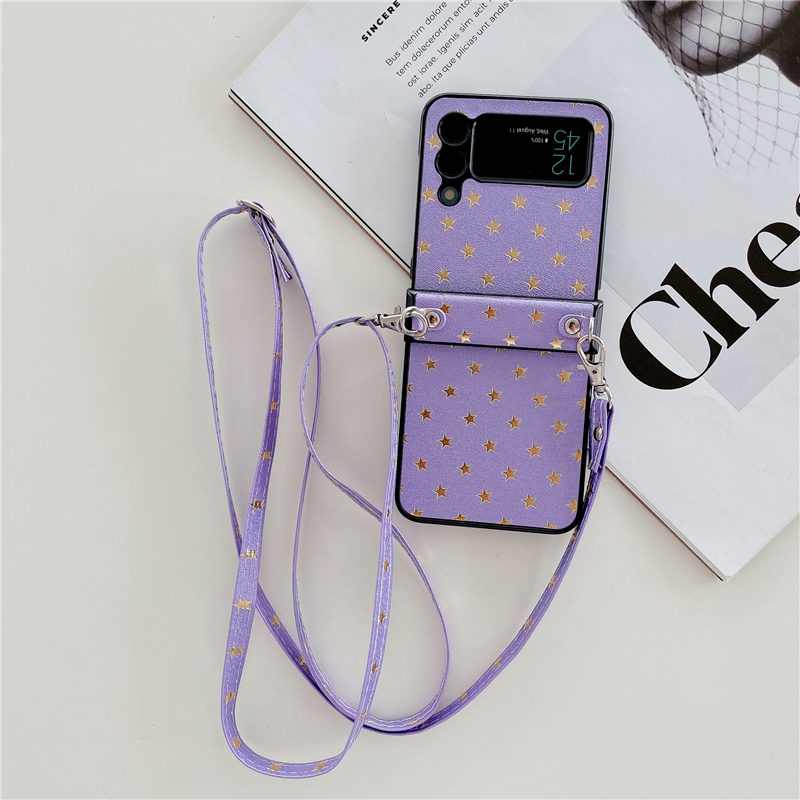 Folding Necklace Plating Star Phone Falls f￶r Samsung Galaxy Z Flip3 Flip4 5G Vogue Justerbar Lanyard Leather Protective Shell Suffs￤ker