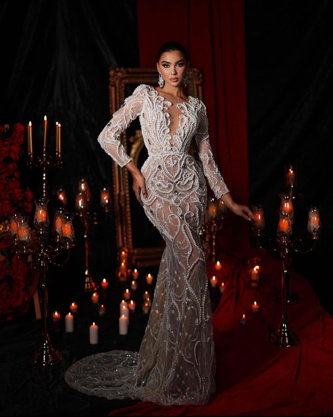 Luxurious Pearls Beads Mermaid Wedding Dresses Exquisite White Long Sleeve Crystal Bridal Gowns Aso Ebi Bride Dress Arabic