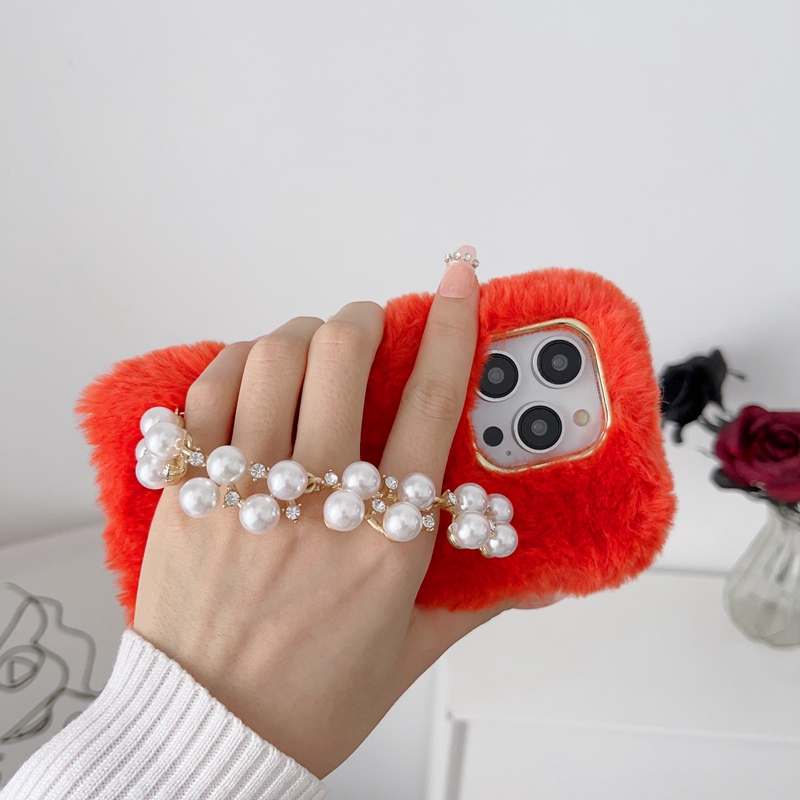 Diamond Pearl Phone Falls för iPhone 15 14 Pro Max 13 12 11 XR XS X 8 7 Plus Soft TPU Fashion Fluffy Fur Leopard äkta Rabbit Hair Heart Butterfly Wrist Chian Cover