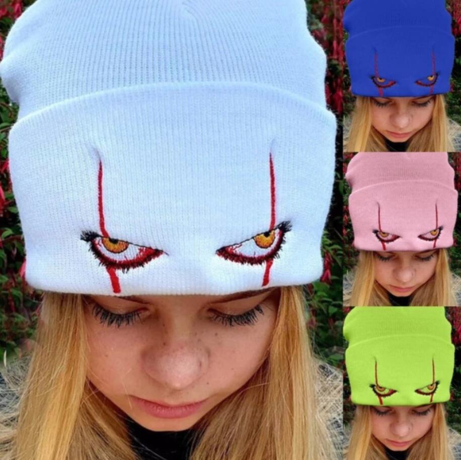 Unisex Knitted Hat Winter Warm Beanie Clown Pennywise Scary Eyes Men Embroidery Hedging Wool Knit Hat Women Cycling Skiing Cap 